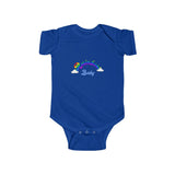 The "Rainbow baby" baby blue text Infant Fine Jersey Bodysuit