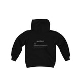 The "Perfect" (white text) Youth Heavy Blend Hooded Sweatshirt